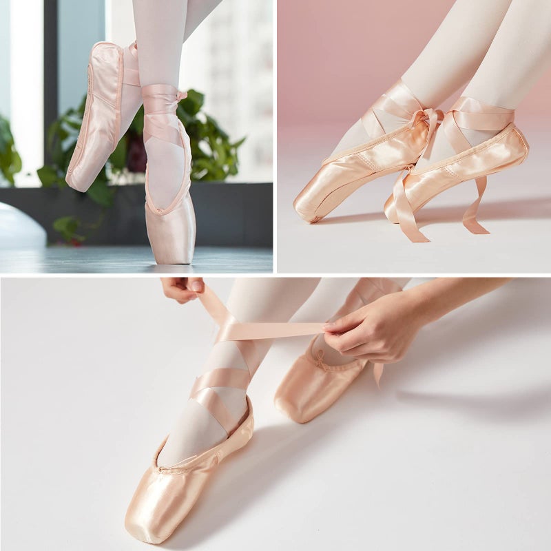 DoGeek Satin Pointe Shoes for Girls and Ladies Professional Ballet Dance Shoes with Ribbon for School or Home Pink - Image 2